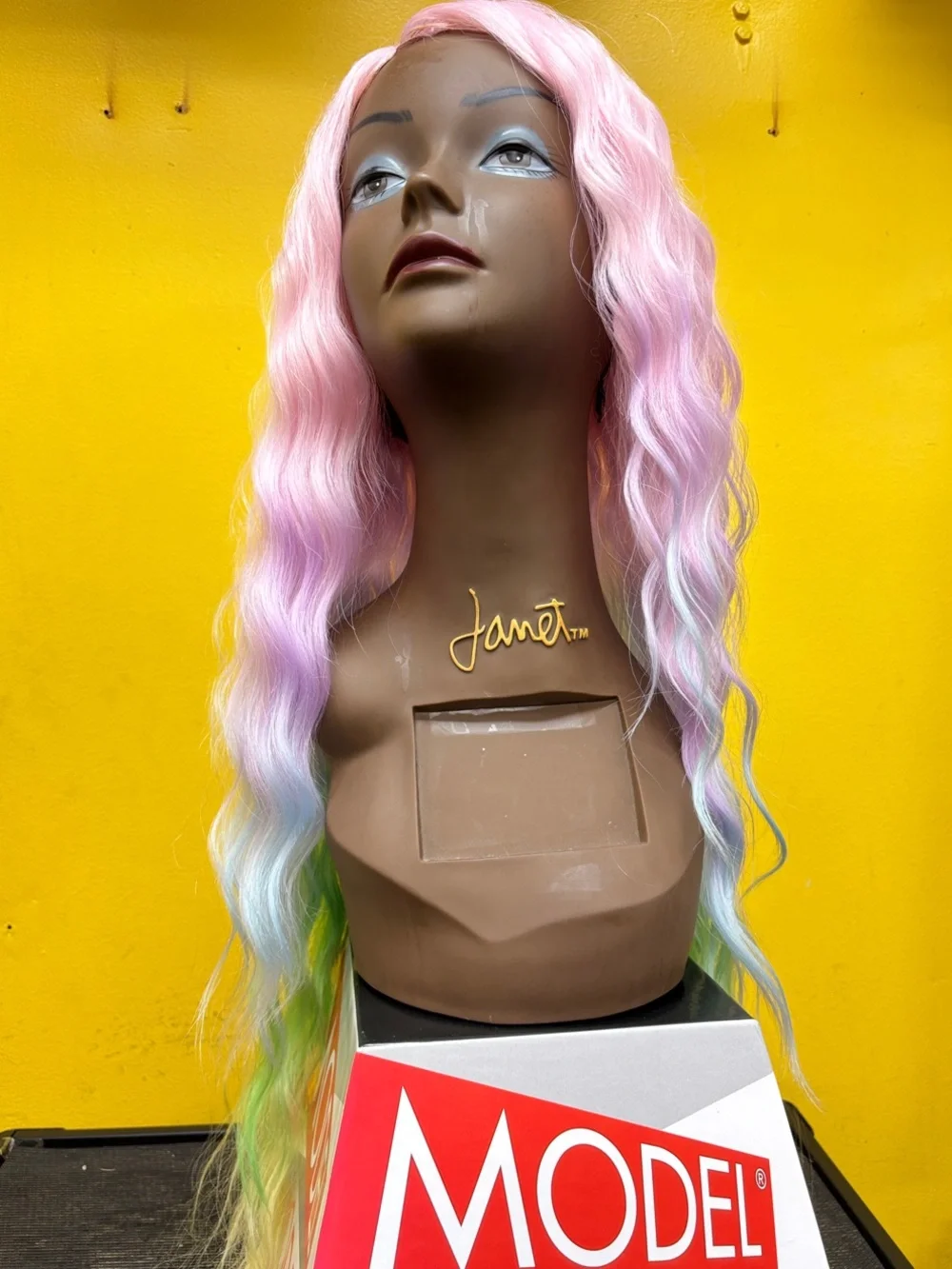 Pastel Rainbow Ombre Wavy Women’s Hairpiece Green & Lilac Pre-cut Synthetic Wig